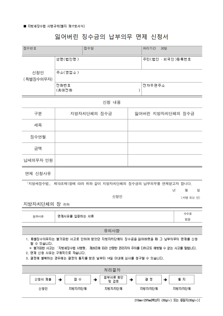 잃어버린 징수금의 납부의무 면제 신청서