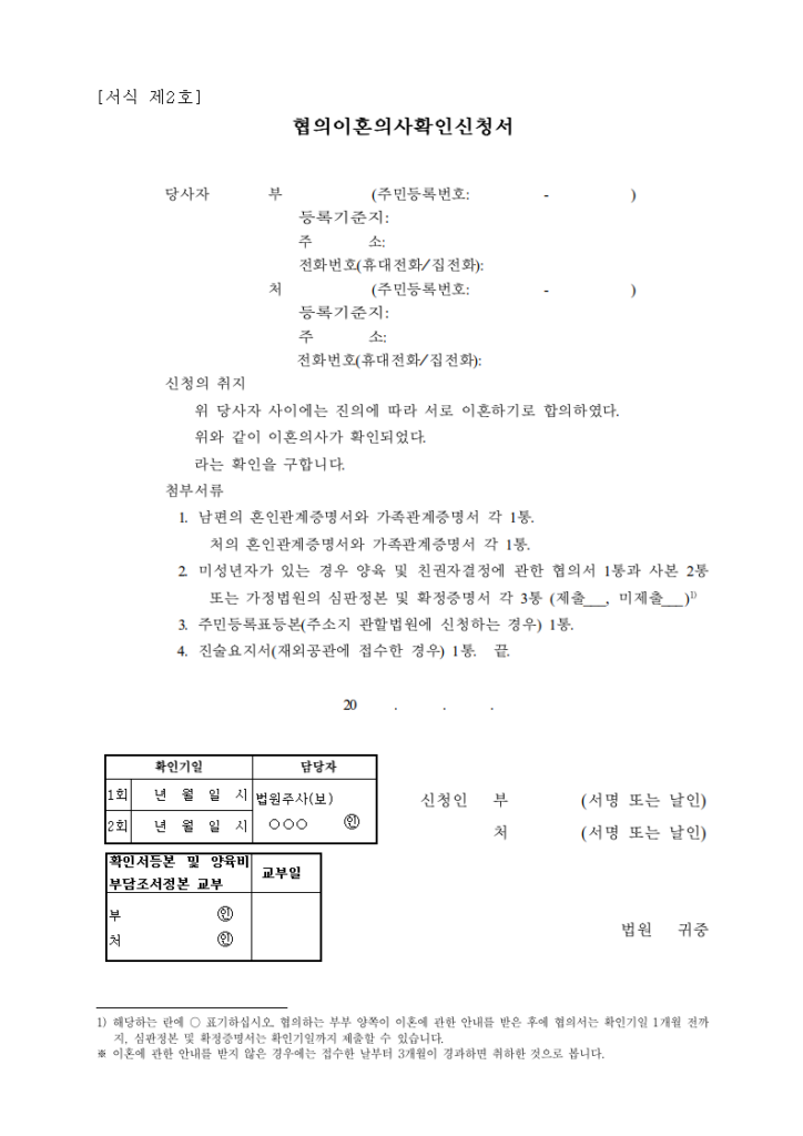 협의이혼 의사확인 신청서